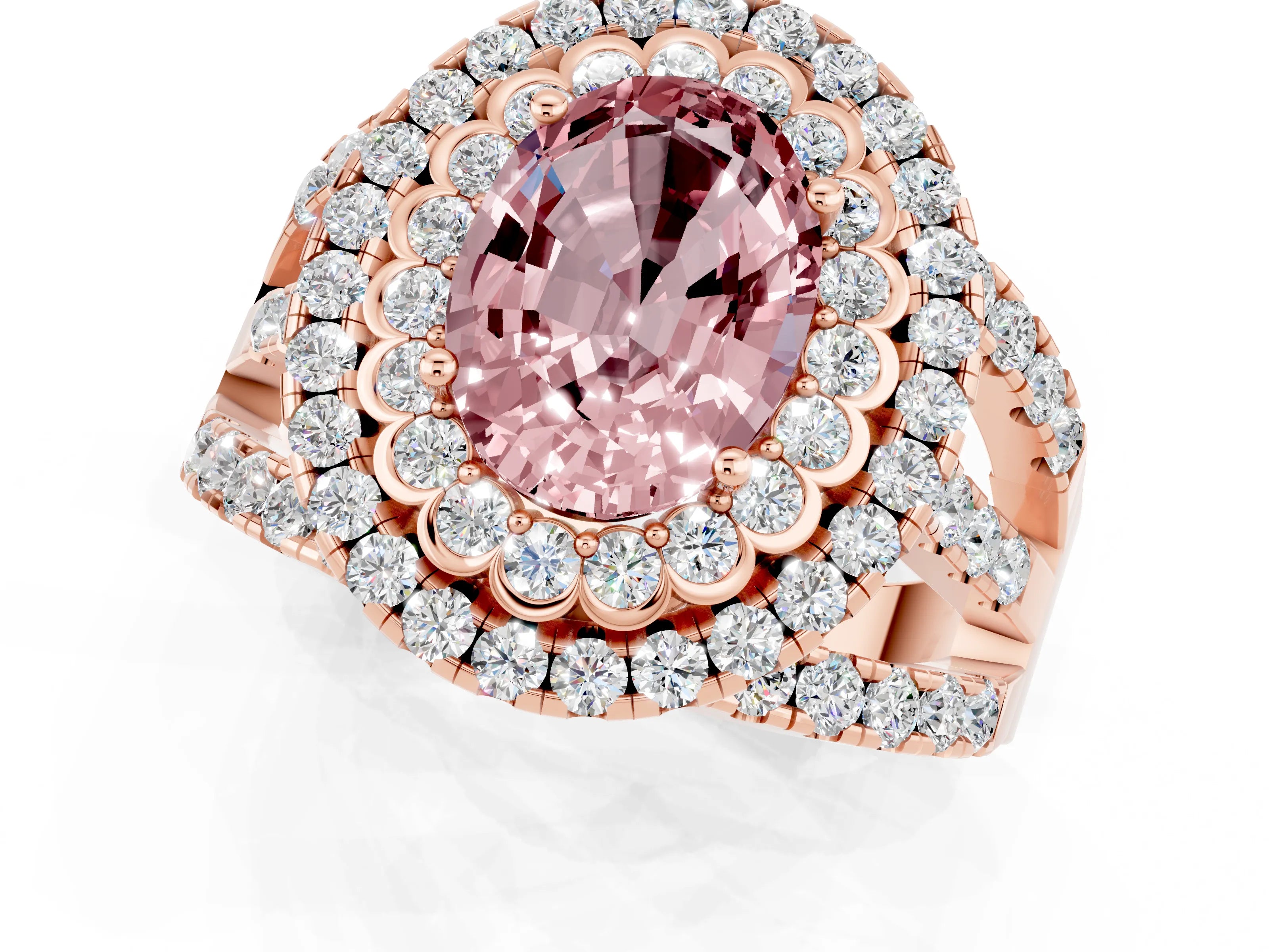 Rose gold Double Halo Oval Cut Diamond Split Shank Pave Set Ring_1