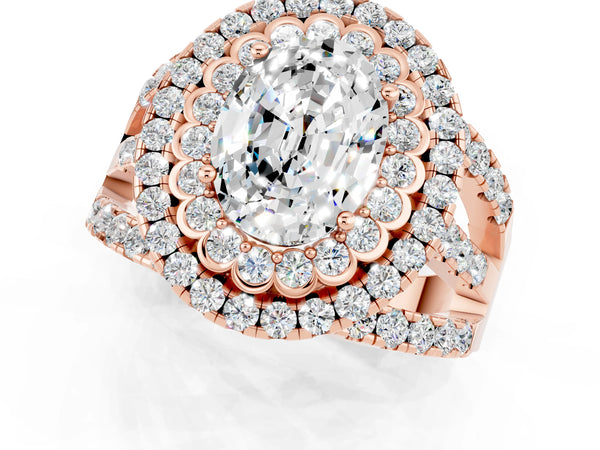 Rose gold Oval Cut Moissanite Double Halo Ring with Round Pavé Split Shank and Prong Setting