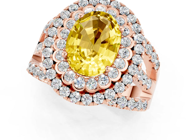 Rose gold Oval Cut Yellow Sapphire Double Halo Ring with Round Pavé Split Shank and Prong Setting