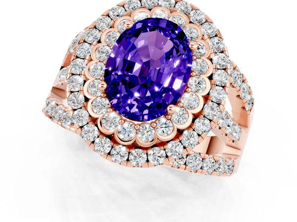 Rose gold Oval Cut Tanzanite Double Halo Ring with Round Pavé Split Shank and Prong Setting