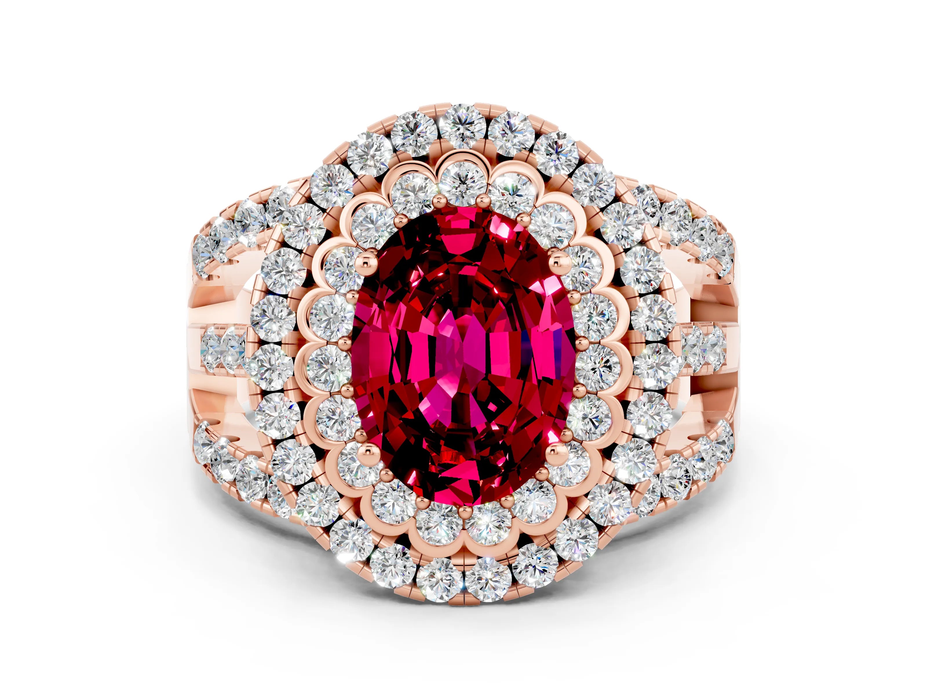 Rose gold Double Halo Oval Cut Diamond Split Shank Pave Set Ring