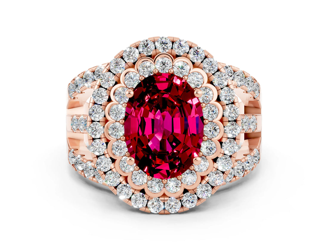 Rose gold Double Halo Oval Cut Diamond Split Shank Pave Set Ring