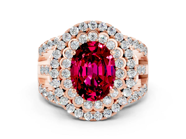 Rose gold Oval Cut Garnet Double Halo Ring with Round Pavé Split Shank and Prong Setting