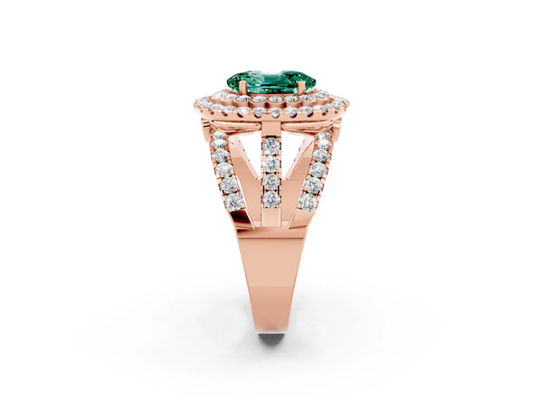 Rose gold Oval Cut Green Sapphire Double Halo Ring with Round Pavé Split Shank and Prong Setting