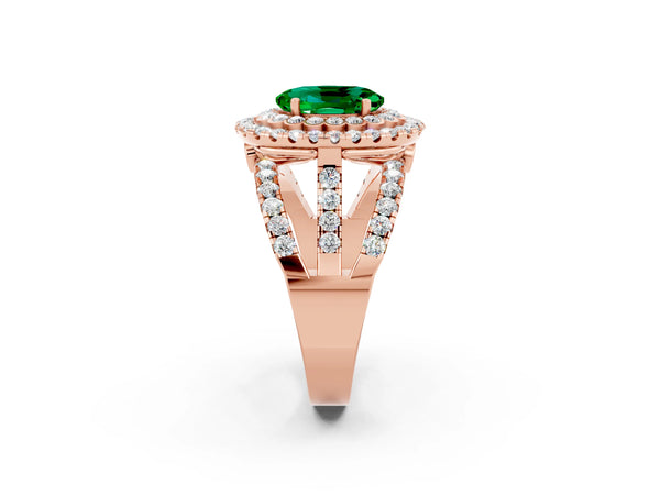 Rose gold Oval Cut Emerald Double Halo Ring with Round Pavé Split Shank and Prong Setting