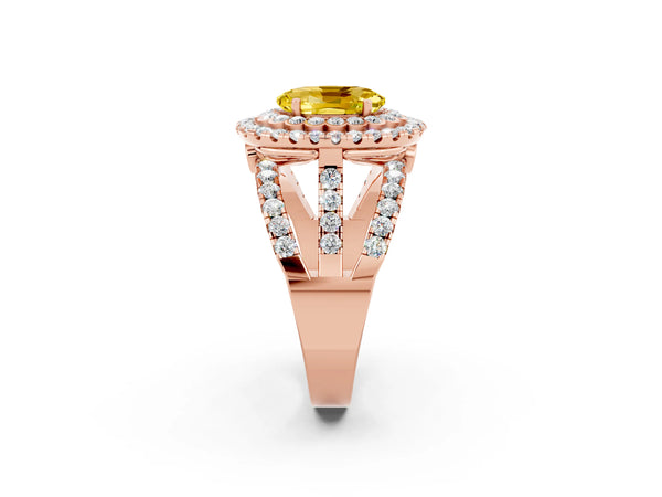 Rose gold Oval Cut Yellow Sapphire Double Halo Ring with Round Pavé Split Shank and Prong Setting