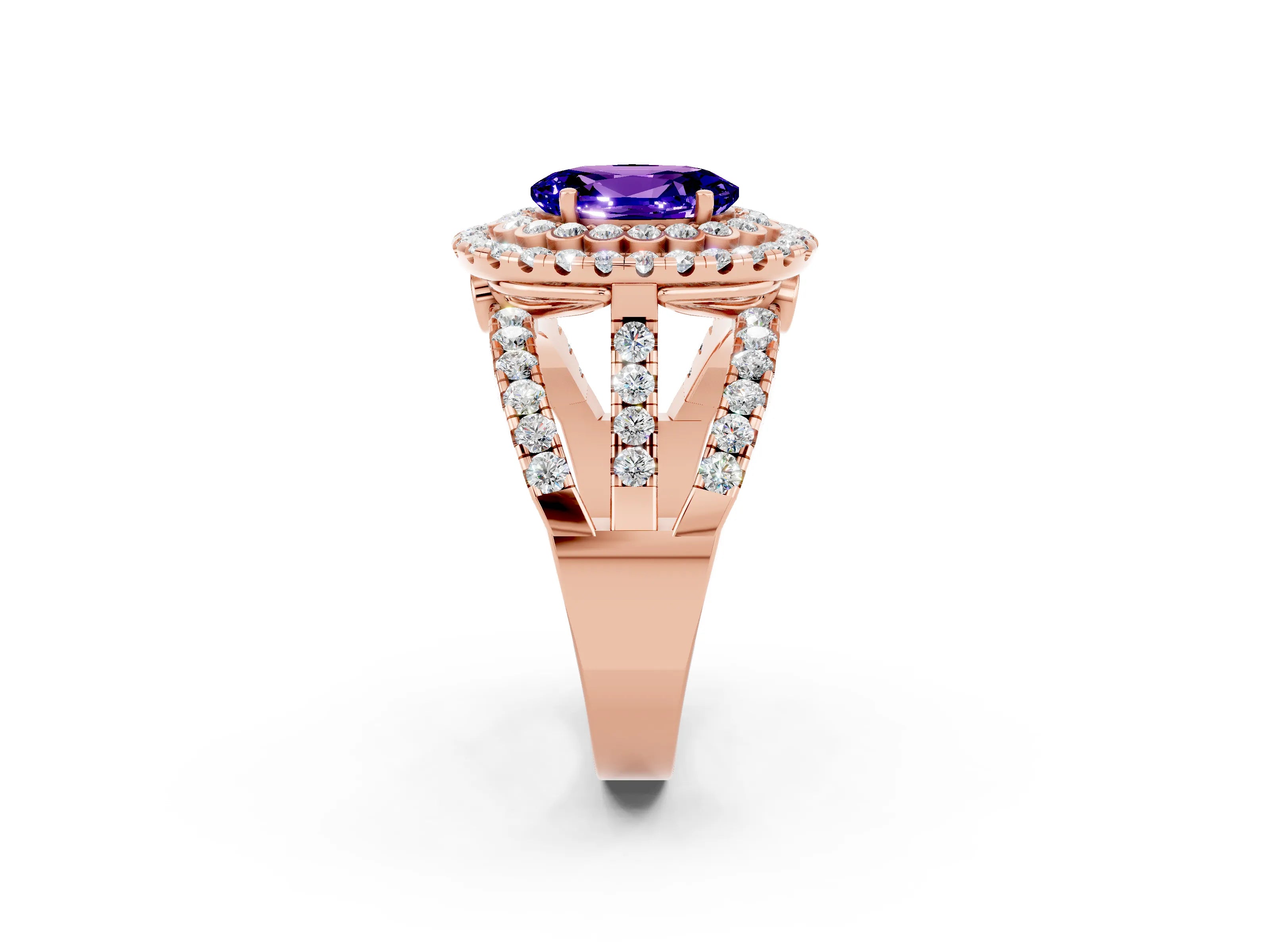Rose gold Double Halo Oval Cut Diamond Split Shank Pave Set Ring_2