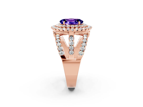 Rose gold Oval Cut Tanzanite Double Halo Ring with Round Pavé Split Shank and Prong Setting