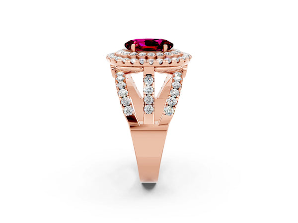 Rose gold Oval Cut Garnet Double Halo Ring with Round Pavé Split Shank and Prong Setting