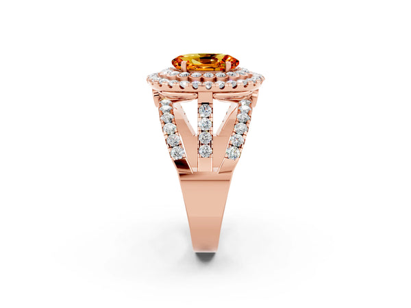Rose gold Oval Cut Citrine Double Halo Ring with Round Pavé Split Shank and Prong Setting