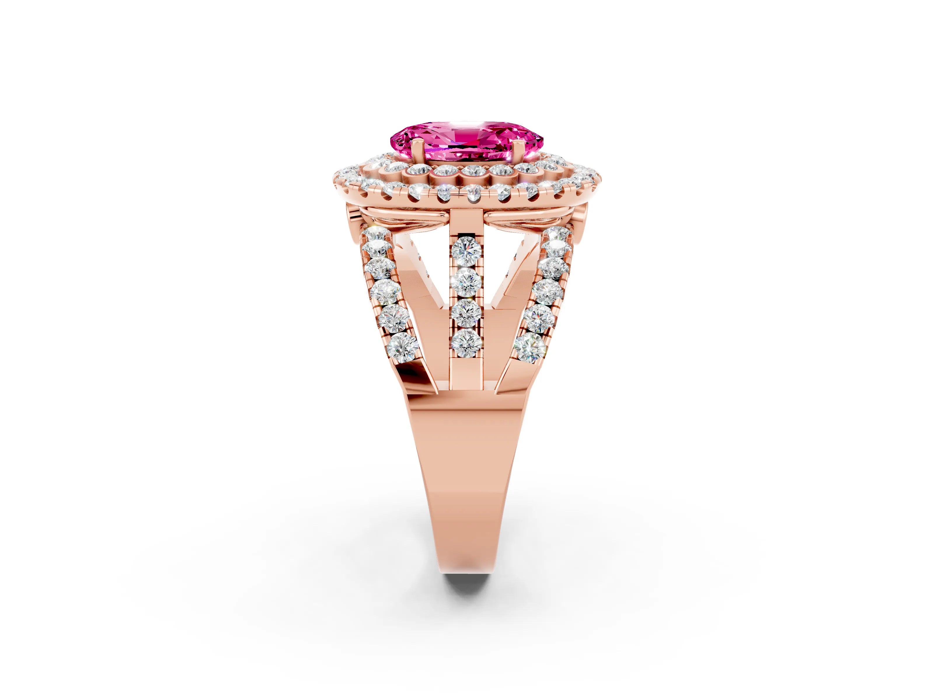 Rose gold Double Halo Oval Cut Diamond Split Shank Pave Set Ring_2