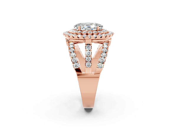 Rose gold Oval Cut Moissanite Double Halo Ring with Round Pavé Split Shank and Prong Setting
