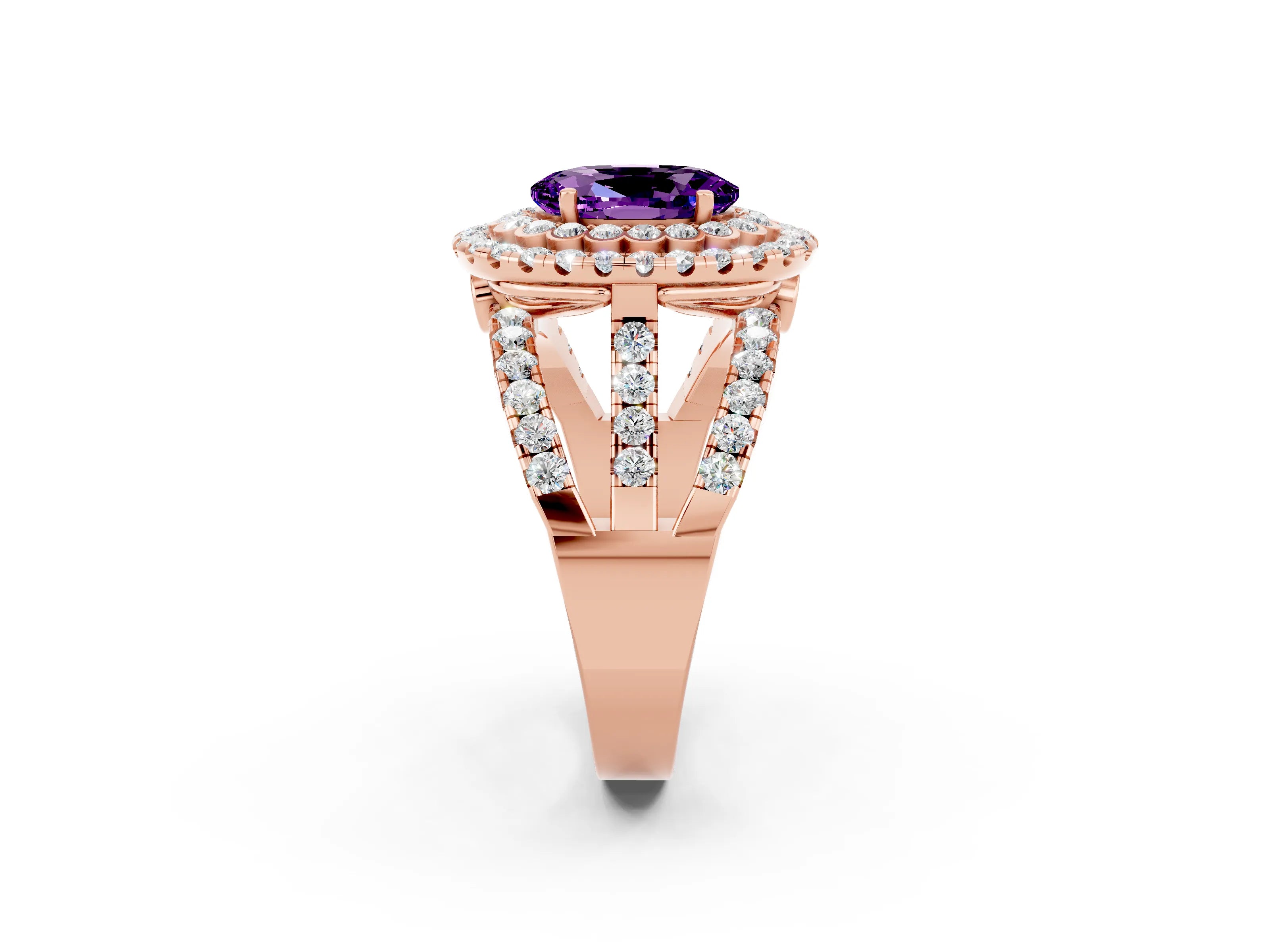 Rose gold Double Halo Oval Cut Diamond Split Shank Pave Set Ring_2