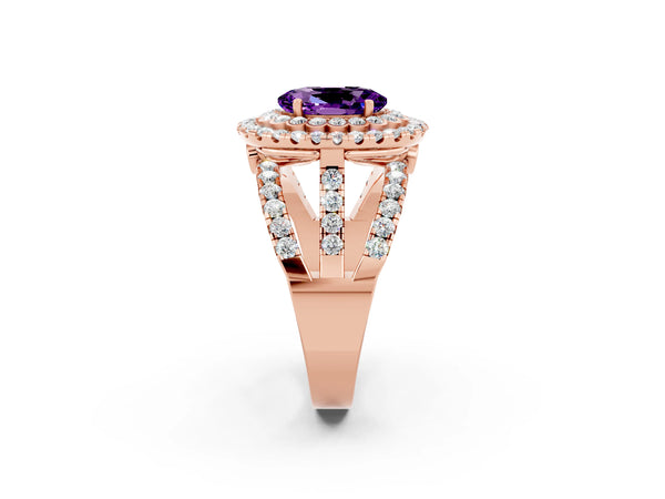 Rose gold Oval Cut Amethyst Double Halo Ring with Round Pavé Split Shank and Prong Setting