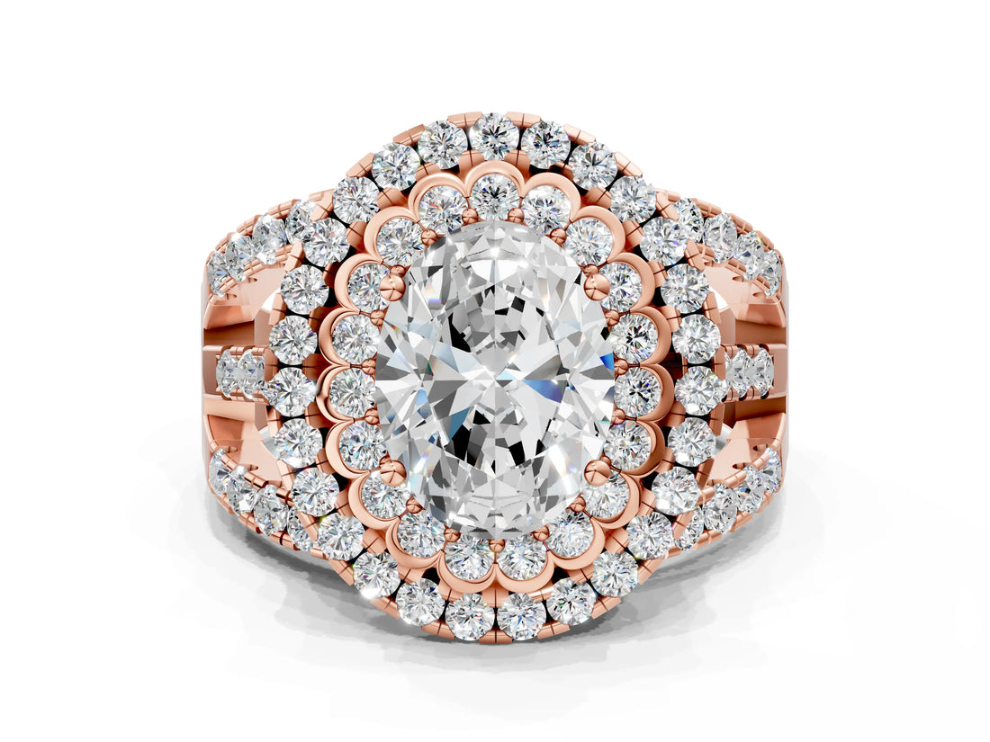 Rose gold Double Halo Oval Cut Diamond Split Shank Pave Set Ring_3