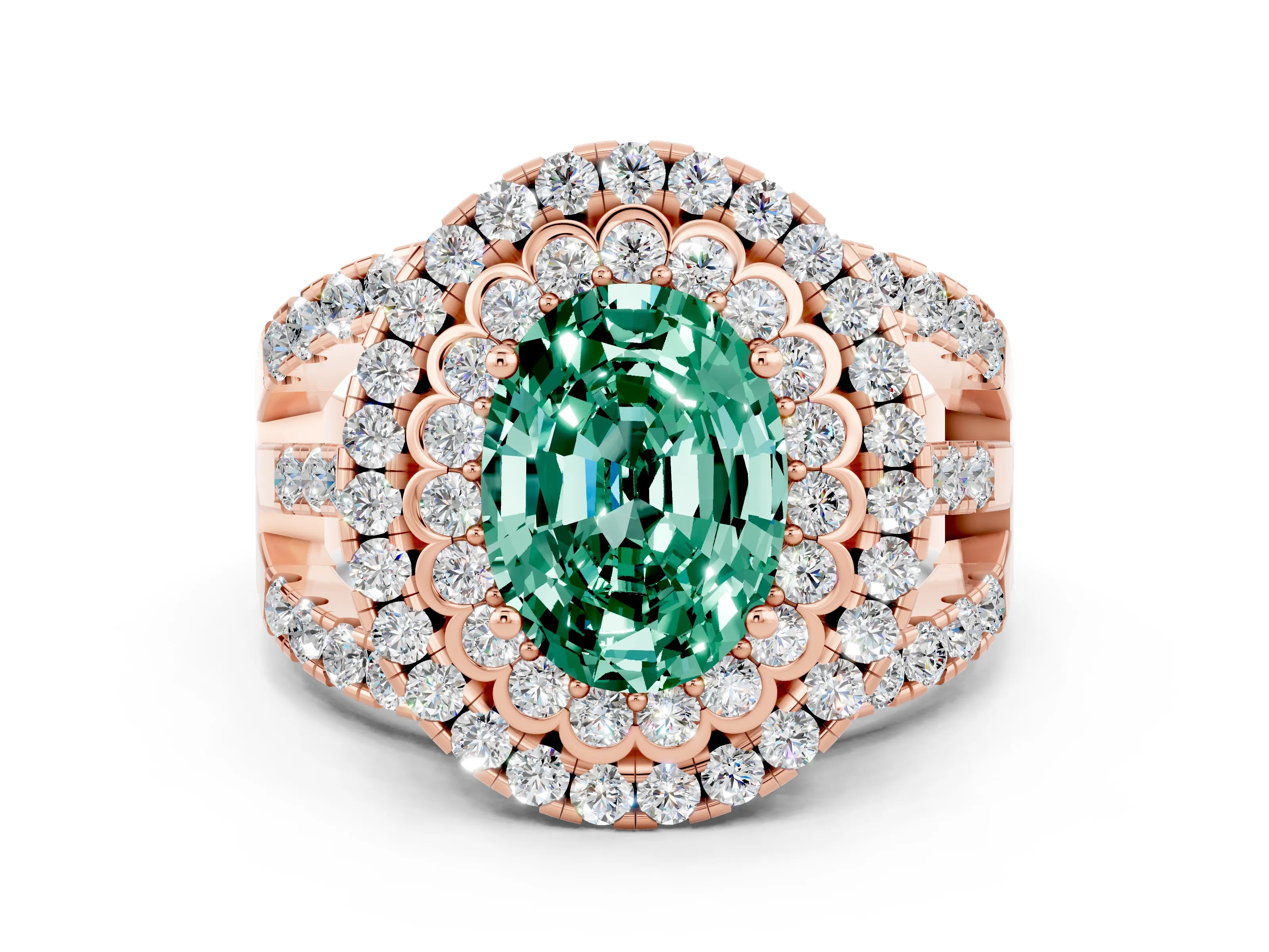 Rose gold Double Halo Oval Cut Diamond Split Shank Pave Set Ring