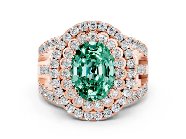 Rose gold Oval Cut Green Sapphire Double Halo Ring with Round Pavé Split Shank and Prong Setting