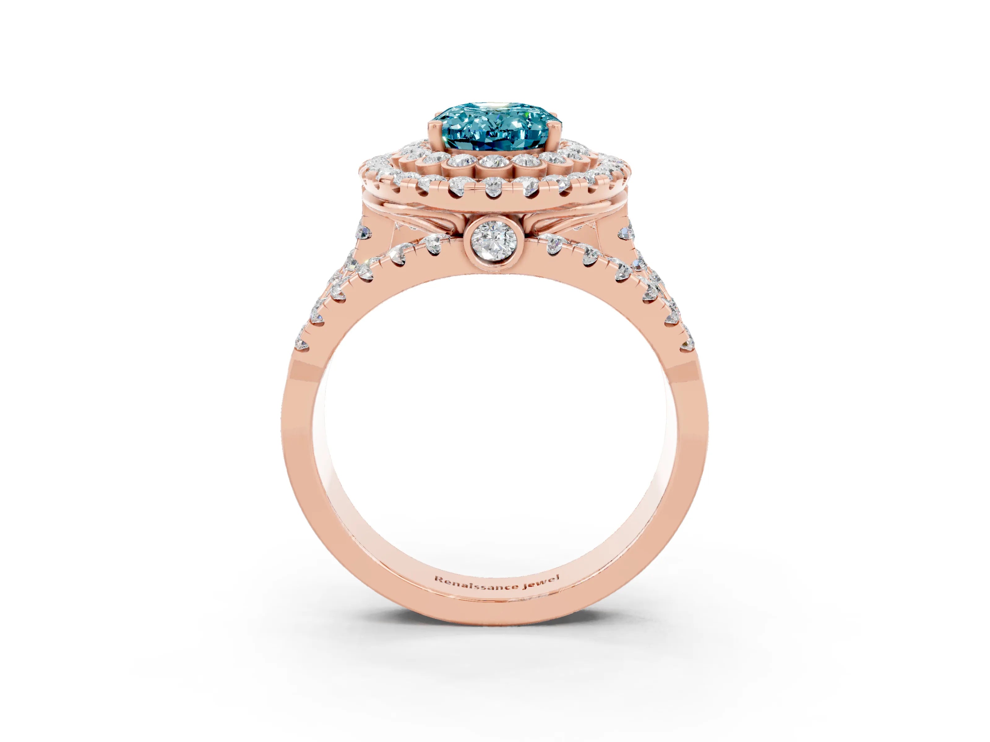 Rose gold Double Halo Oval Cut Diamond Split Shank Pave Set Ring_3