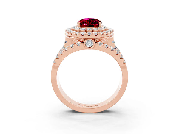 Rose gold Oval Cut Garnet Double Halo Ring with Round Pavé Split Shank and Prong Setting