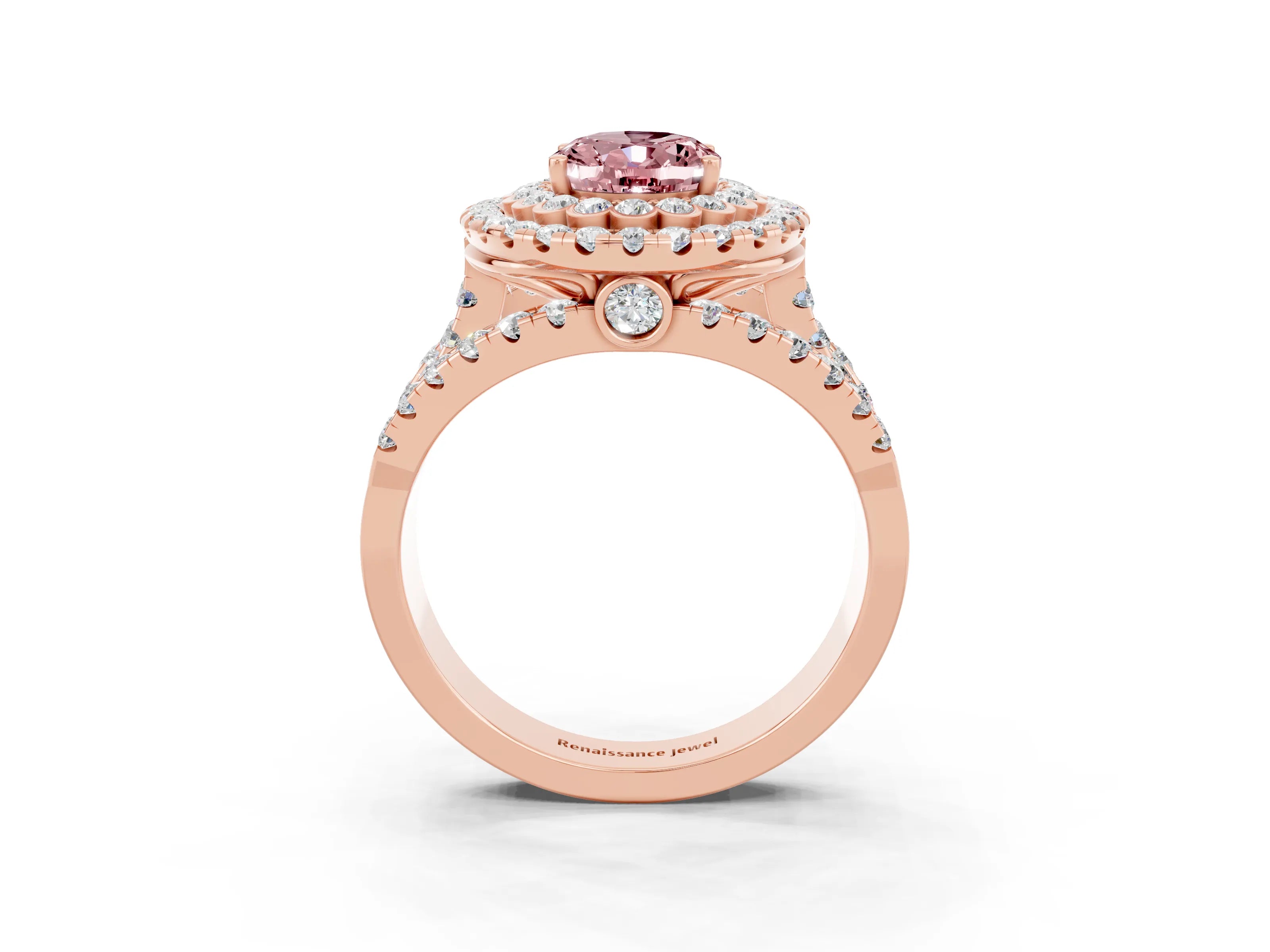 Rose gold Double Halo Oval Cut Diamond Split Shank Pave Set Ring_3