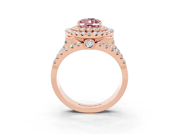 Rose gold Double Halo Oval Cut Diamond Split Shank Pave Set Ring