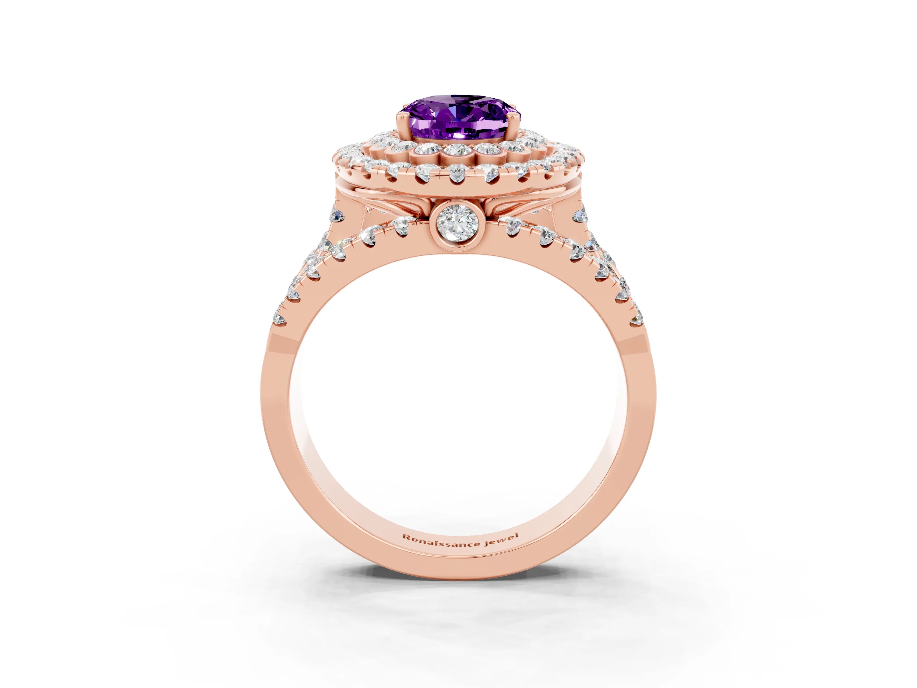 Rose gold Double Halo Oval Cut Diamond Split Shank Pave Set Ring_3