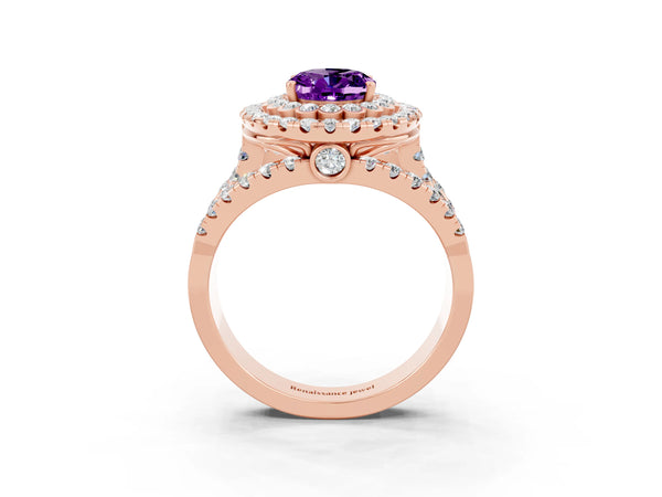 Rose gold Oval Cut Amethyst Double Halo Ring with Round Pavé Split Shank and Prong Setting