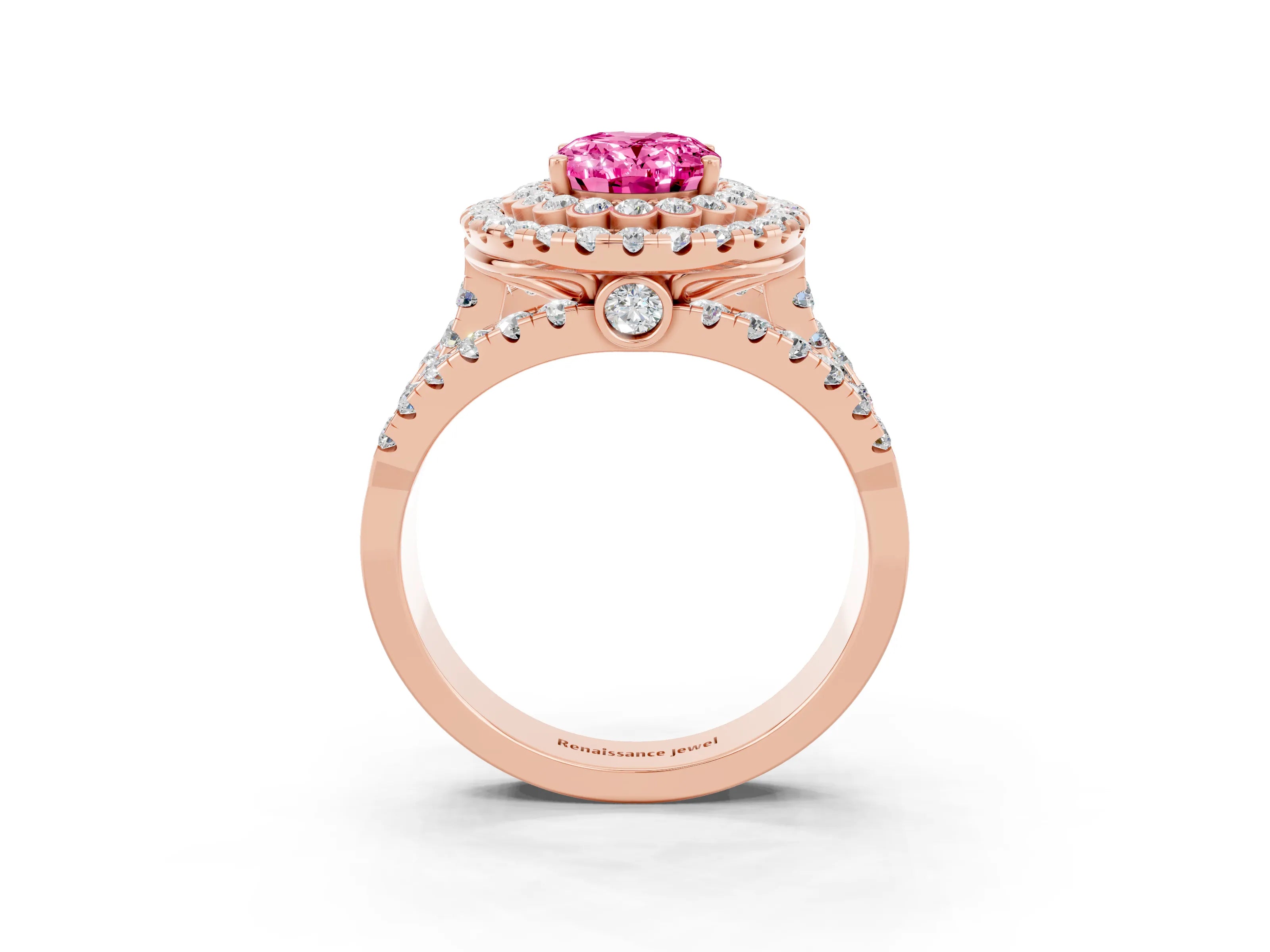 Rose gold Double Halo Oval Cut Diamond Split Shank Pave Set Ring_3