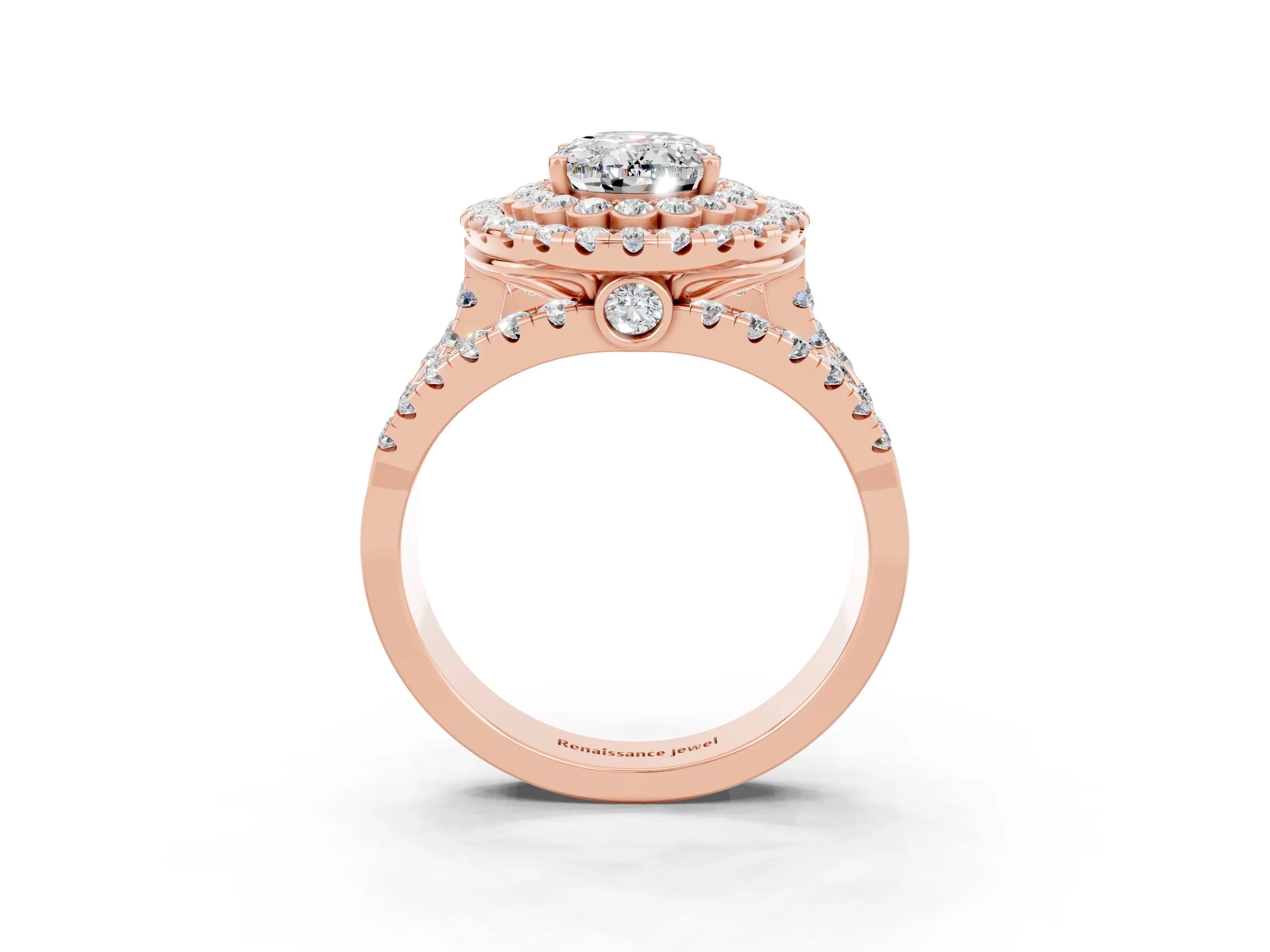 Rose gold Double Halo Oval Cut Diamond Split Shank Pave Set Ring_3