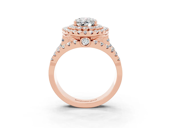 Rose gold Oval Cut Moissanite Double Halo Ring with Round Pavé Split Shank and Prong Setting