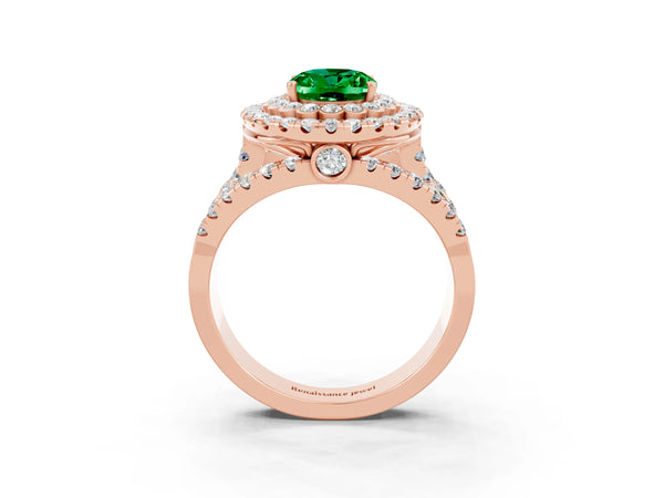 Rose gold Oval Cut Emerald Double Halo Ring with Round Pavé Split Shank and Prong Setting