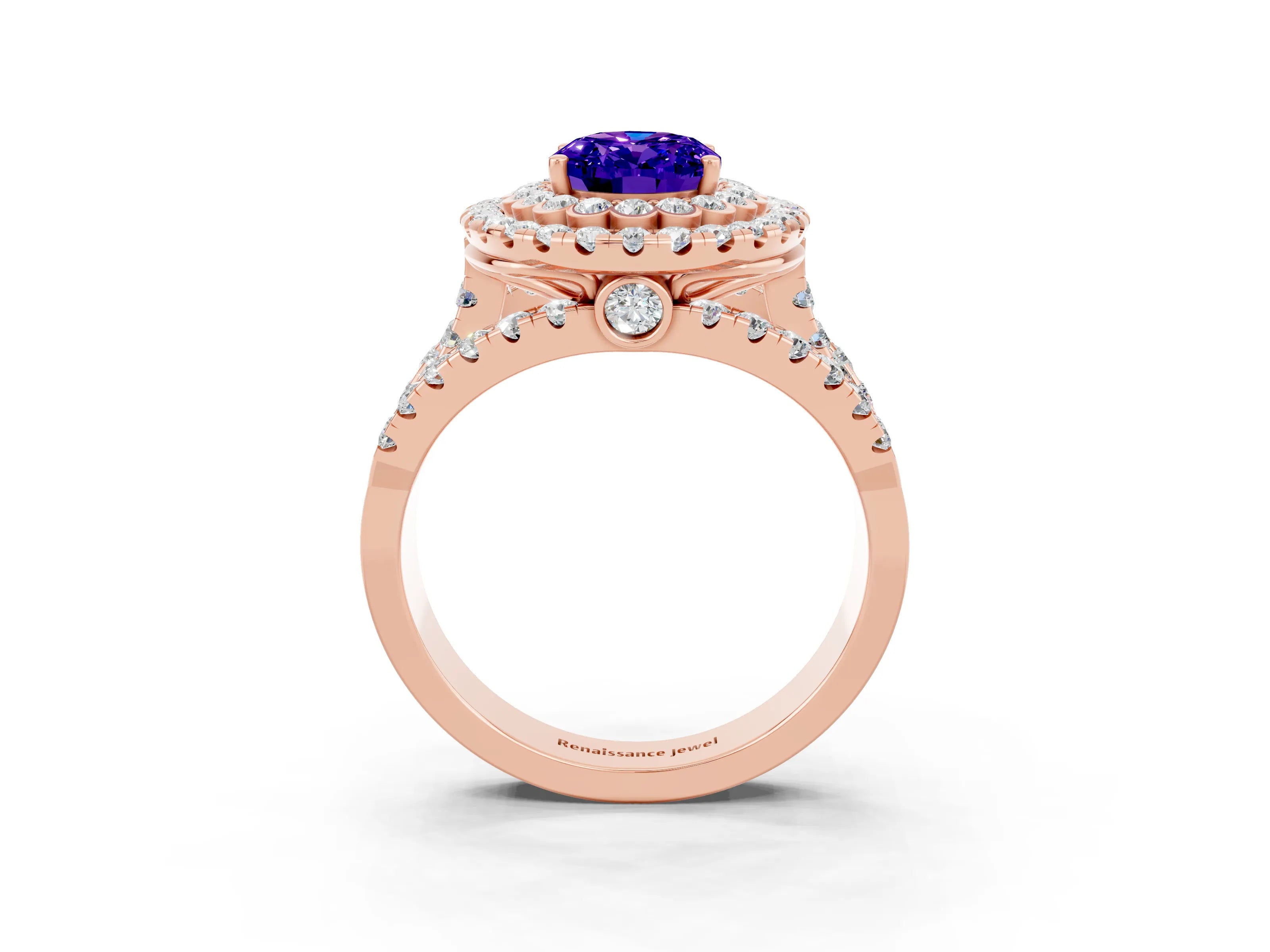 Rose gold Double Halo Oval Cut Diamond Split Shank Pave Set Ring_3