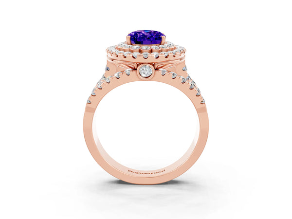 Rose gold Oval Cut Tanzanite Double Halo Ring with Round Pavé Split Shank and Prong Setting