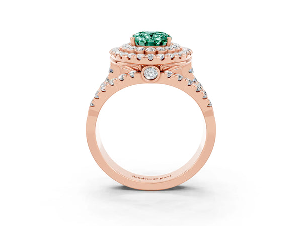 Rose gold Oval Cut Green Sapphire Double Halo Ring with Round Pavé Split Shank and Prong Setting