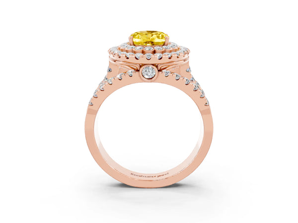 Rose gold Oval Cut Yellow Sapphire Double Halo Ring with Round Pavé Split Shank and Prong Setting