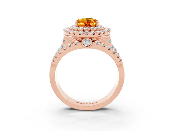 Rose gold Oval Cut Citrine Double Halo Ring with Round Pavé Split Shank and Prong Setting