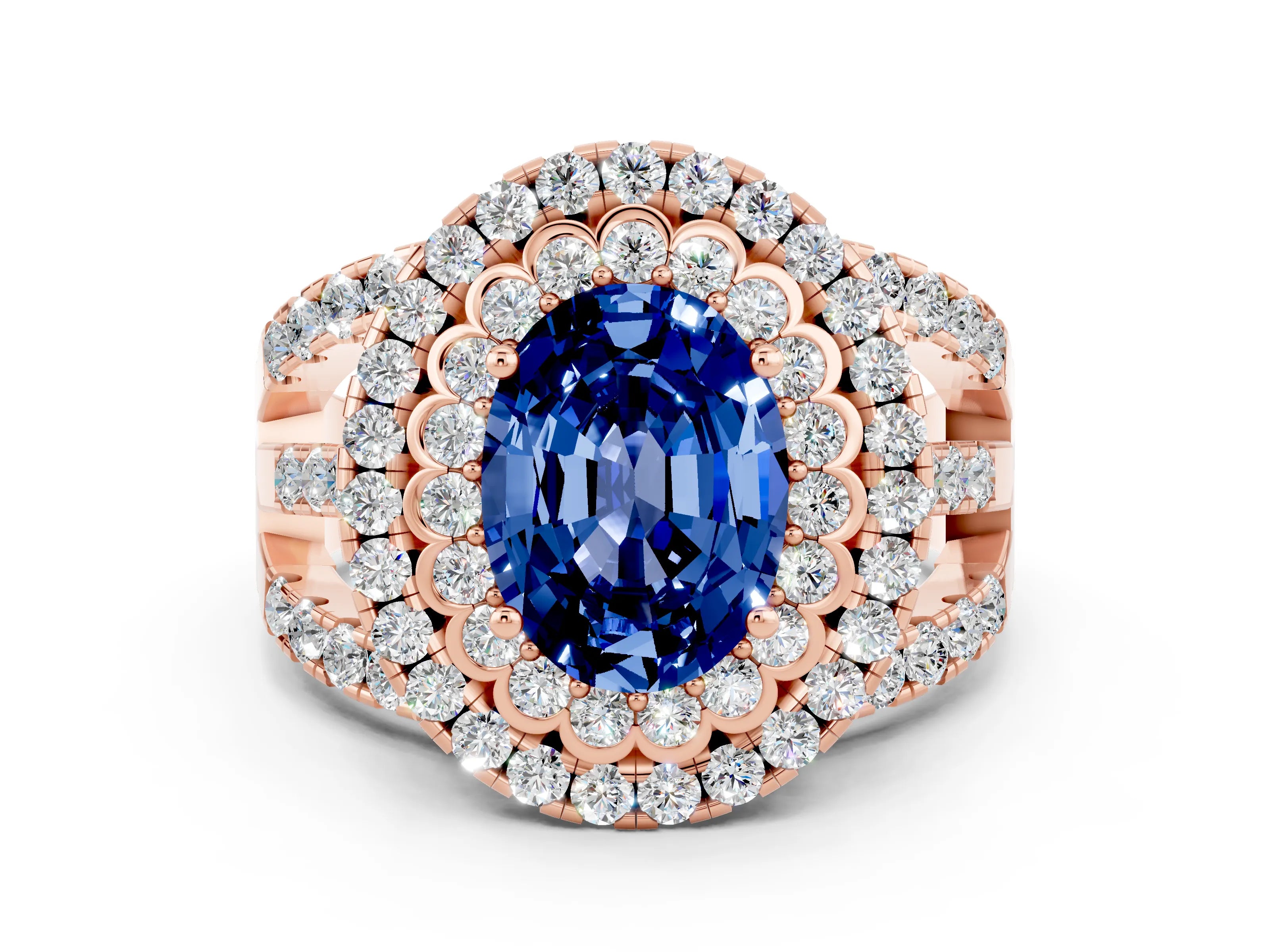 Rose gold Double Halo Oval Cut Diamond Split Shank Pave Set Ring