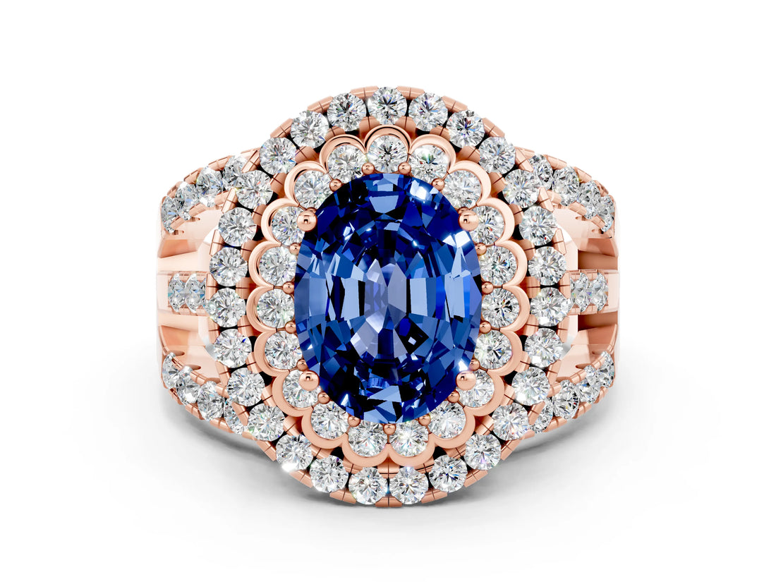 Rose gold Double Halo Oval Cut Diamond Split Shank Pave Set Ring