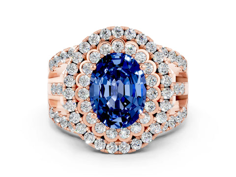 Rose gold Double Halo Oval Cut Diamond Split Shank Pave Set Ring