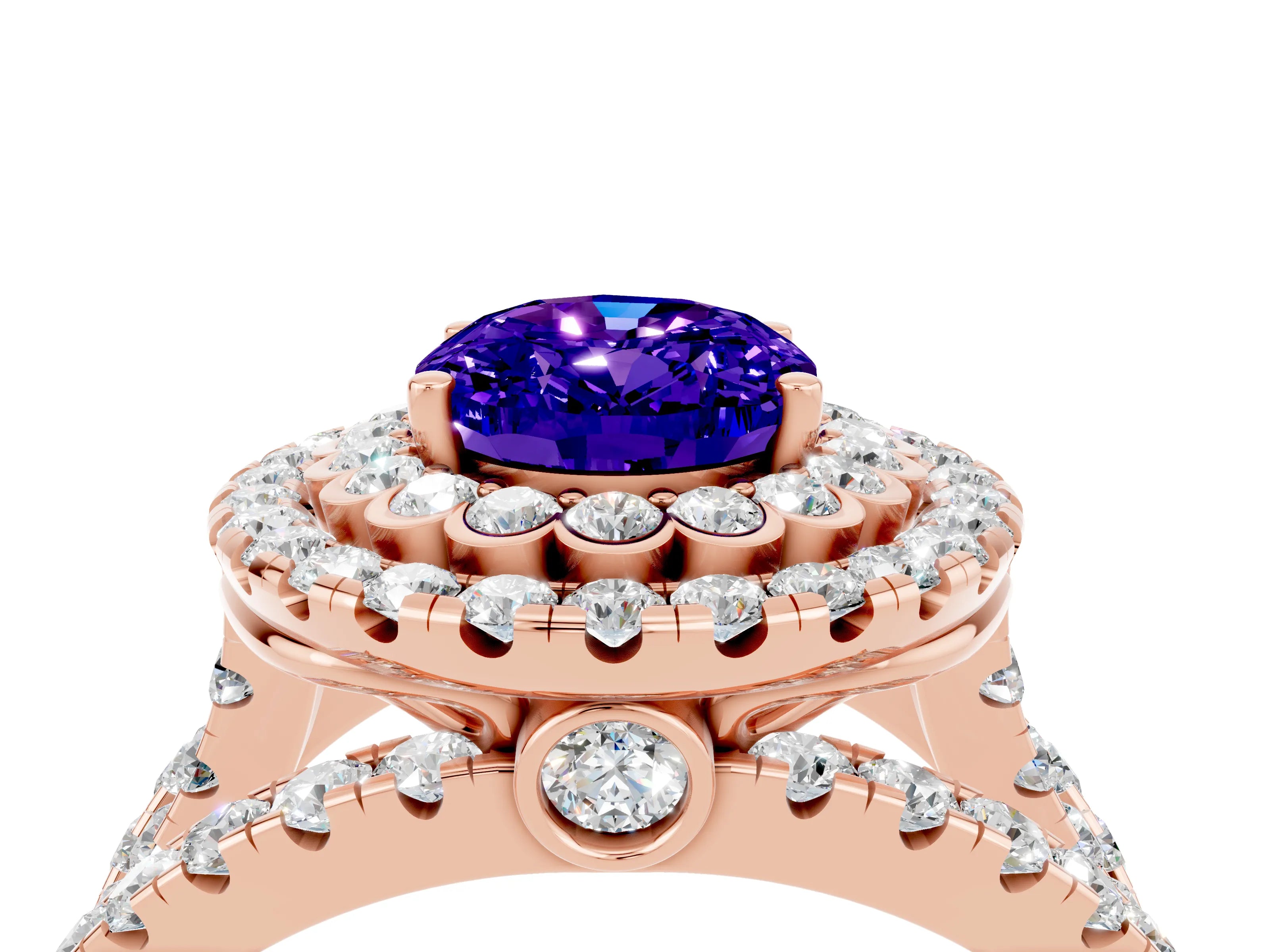 Rose gold Double Halo Oval Cut Diamond Split Shank Pave Set Ring_4