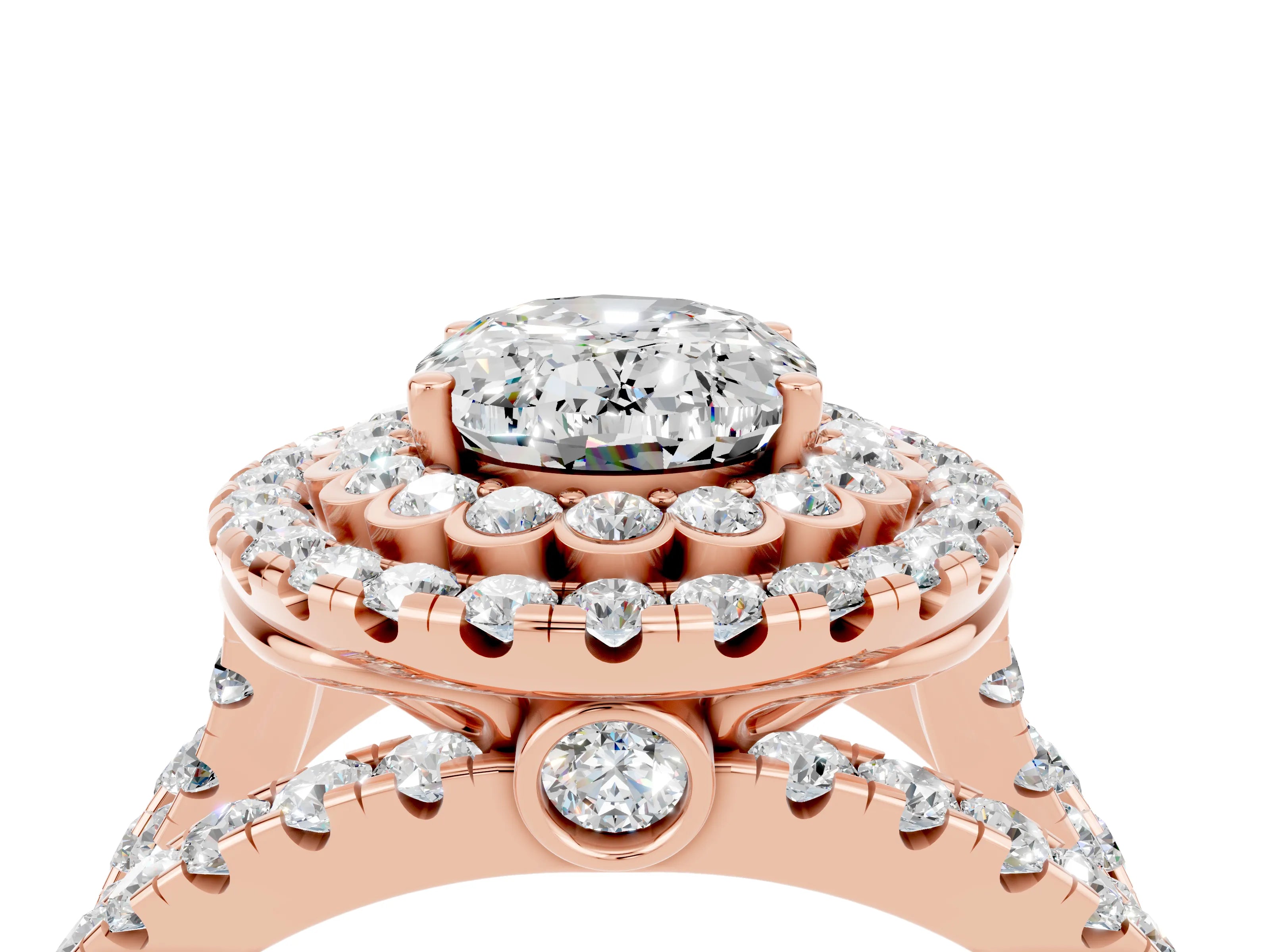 Rose gold Double Halo Oval Cut Diamond Split Shank Pave Set Ring_4