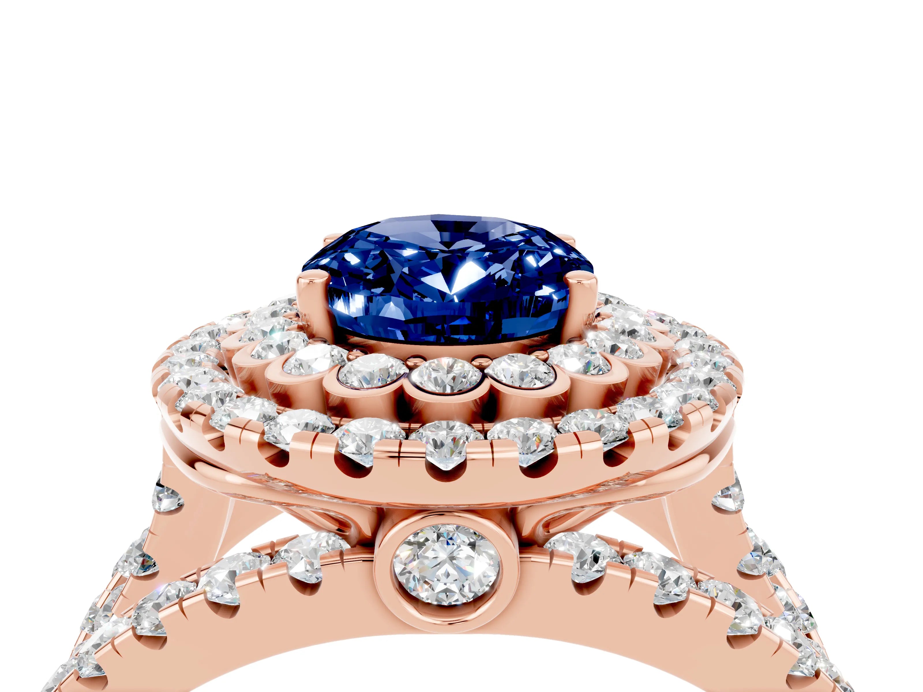 Rose gold Double Halo Oval Cut Diamond Split Shank Pave Set Ring_4