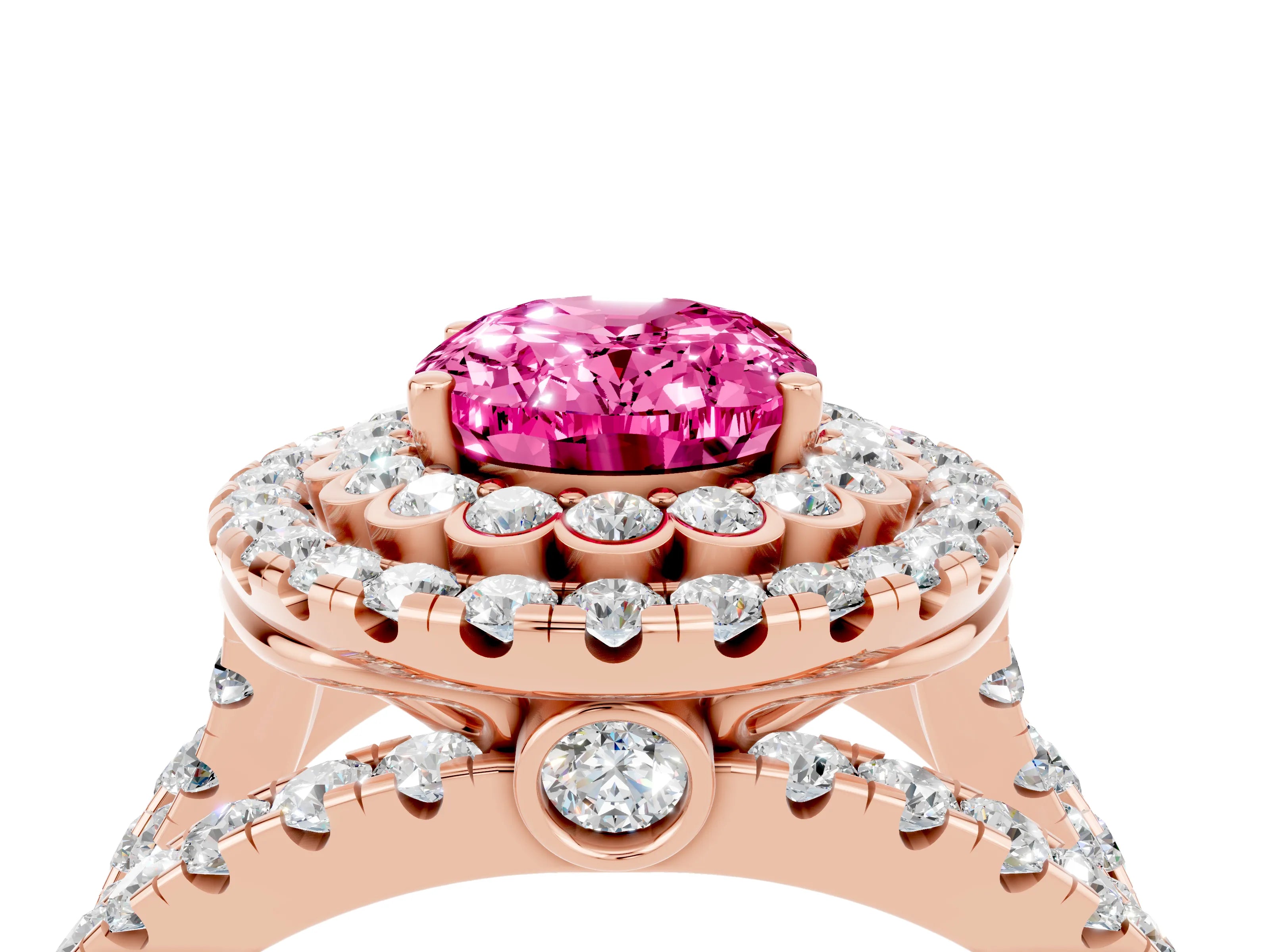 Rose gold Double Halo Oval Cut Diamond Split Shank Pave Set Ring_4