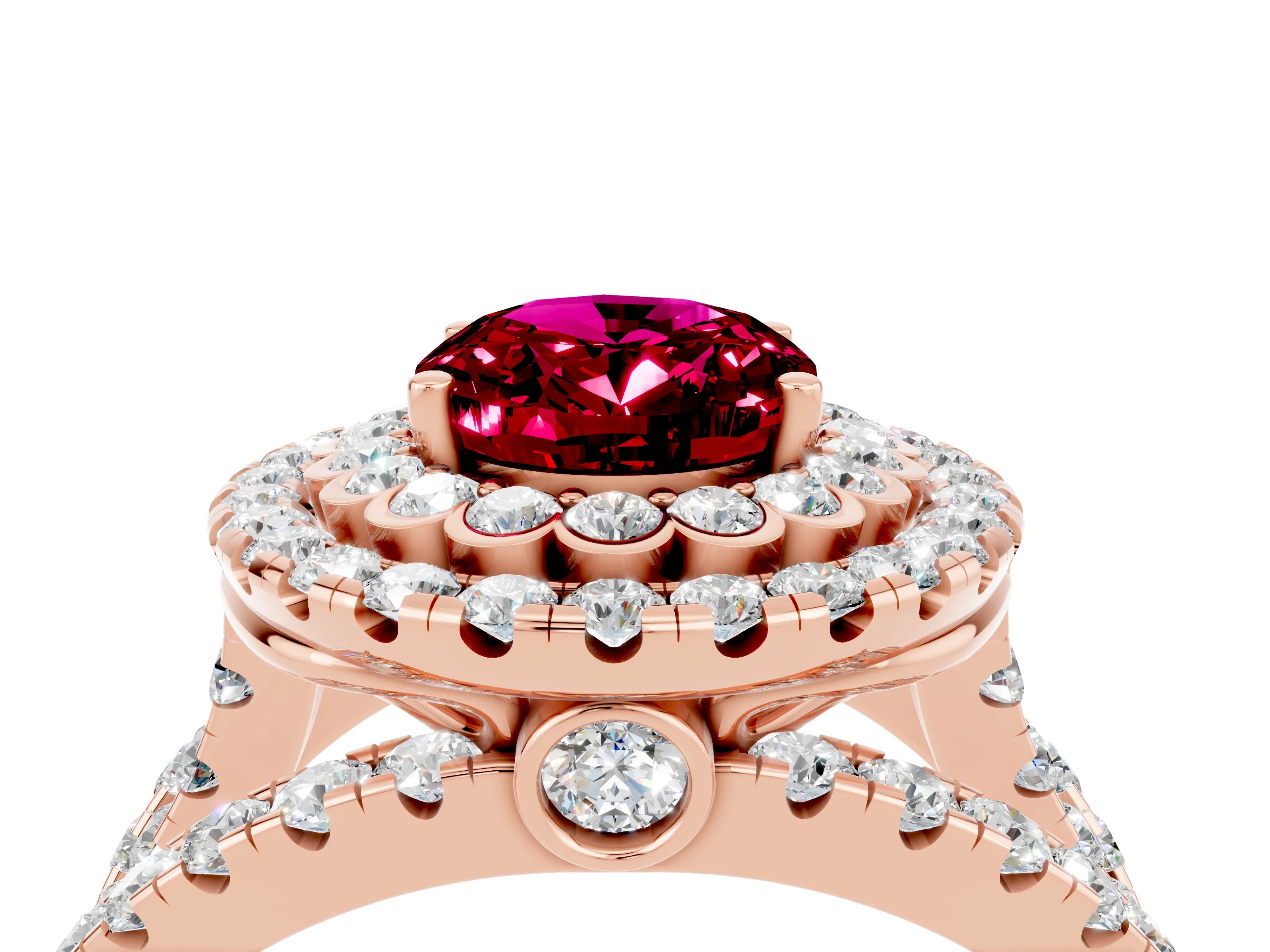 Rose gold Double Halo Oval Cut Diamond Split Shank Pave Set Ring_4