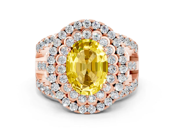 Rose gold Oval Cut Yellow Sapphire Double Halo Ring with Round Pavé Split Shank and Prong Setting