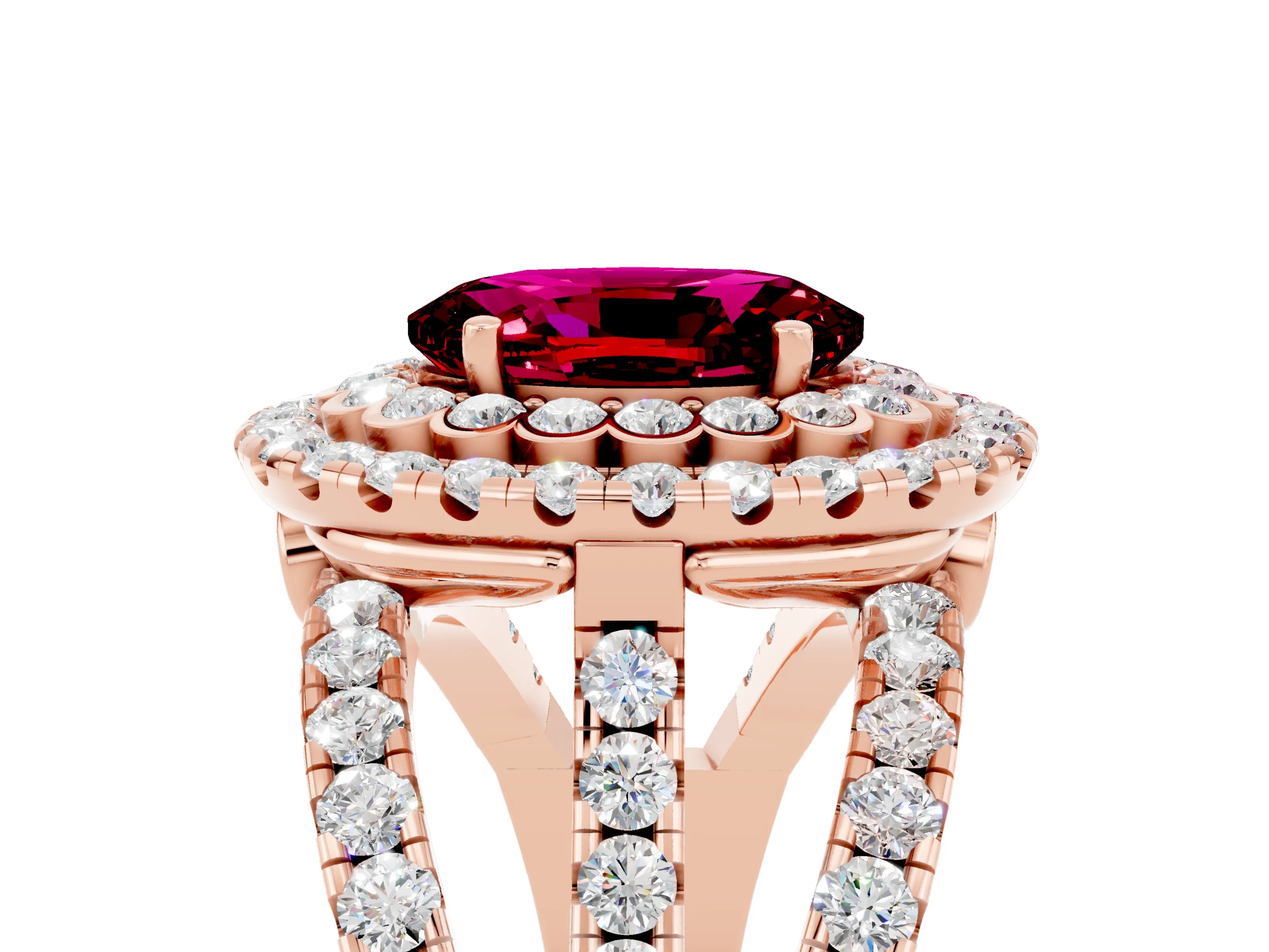 Rose gold Double Halo Oval Cut Diamond Split Shank Pave Set Ring_5