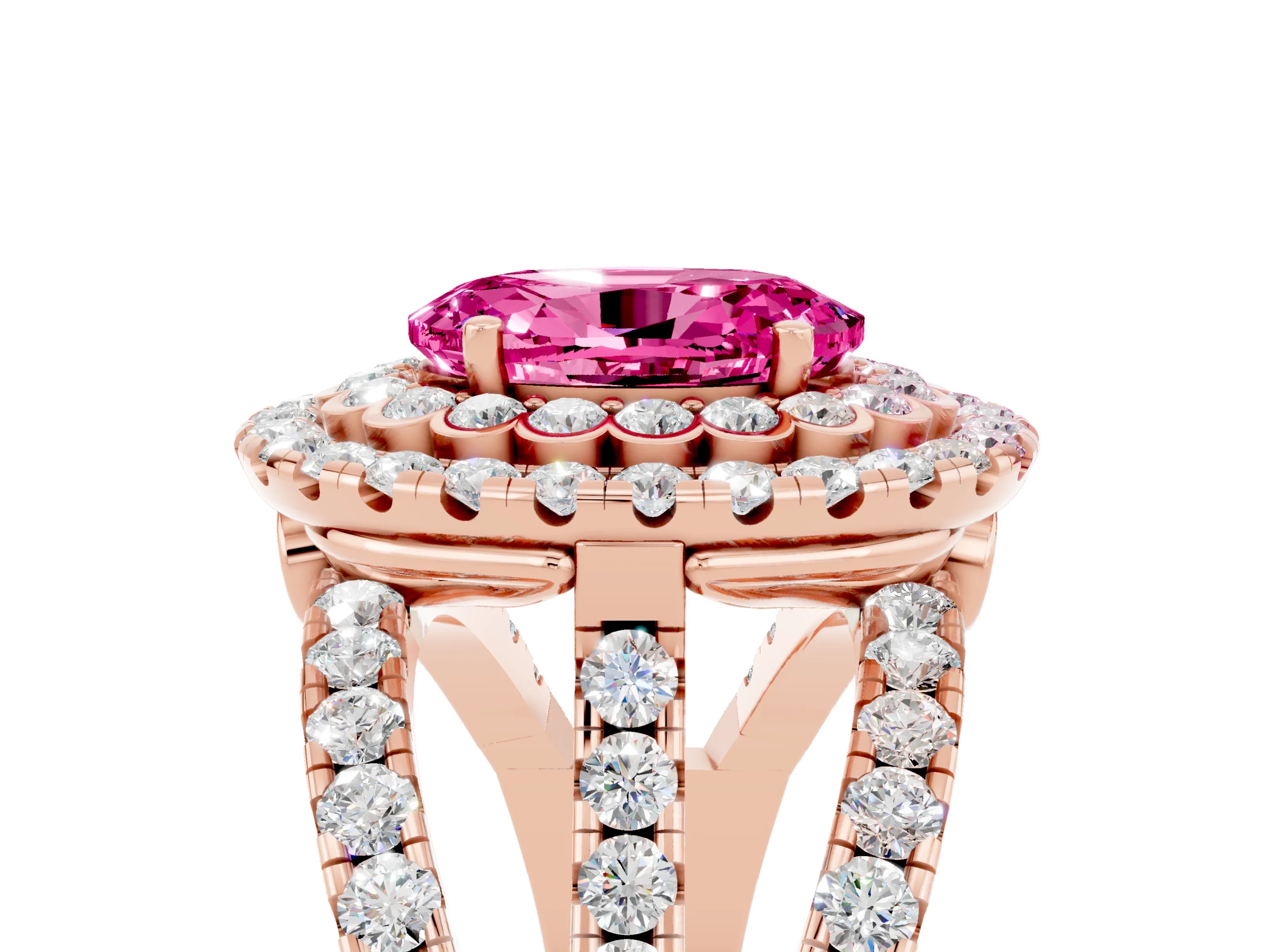 Rose gold Double Halo Oval Cut Diamond Split Shank Pave Set Ring_5