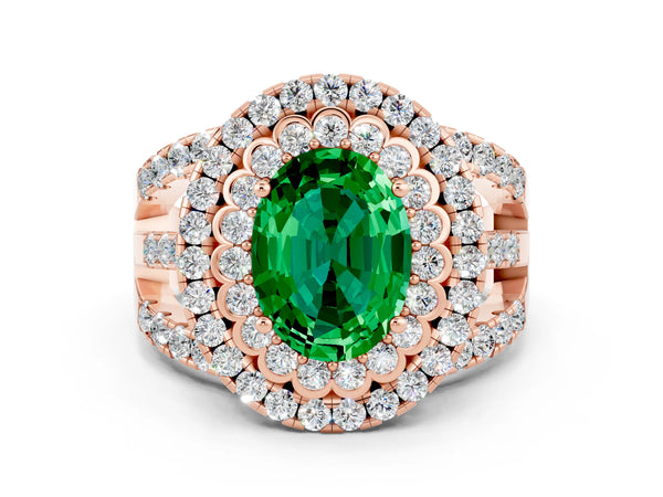 Rose gold Oval Cut Emerald Double Halo Ring with Round Pavé Split Shank and Prong Setting