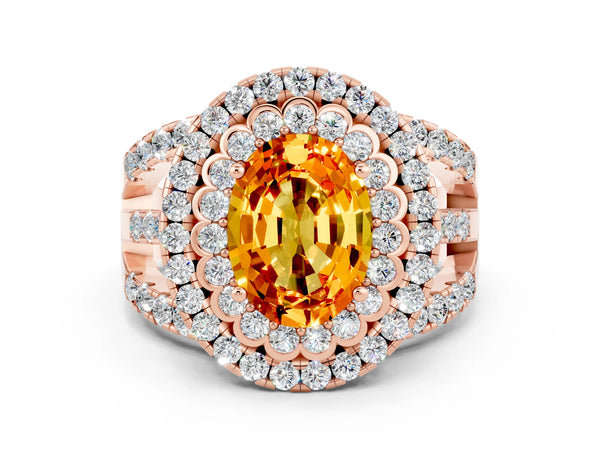 Rose gold Oval Cut Citrine Double Halo Ring with Round Pavé Split Shank and Prong Setting