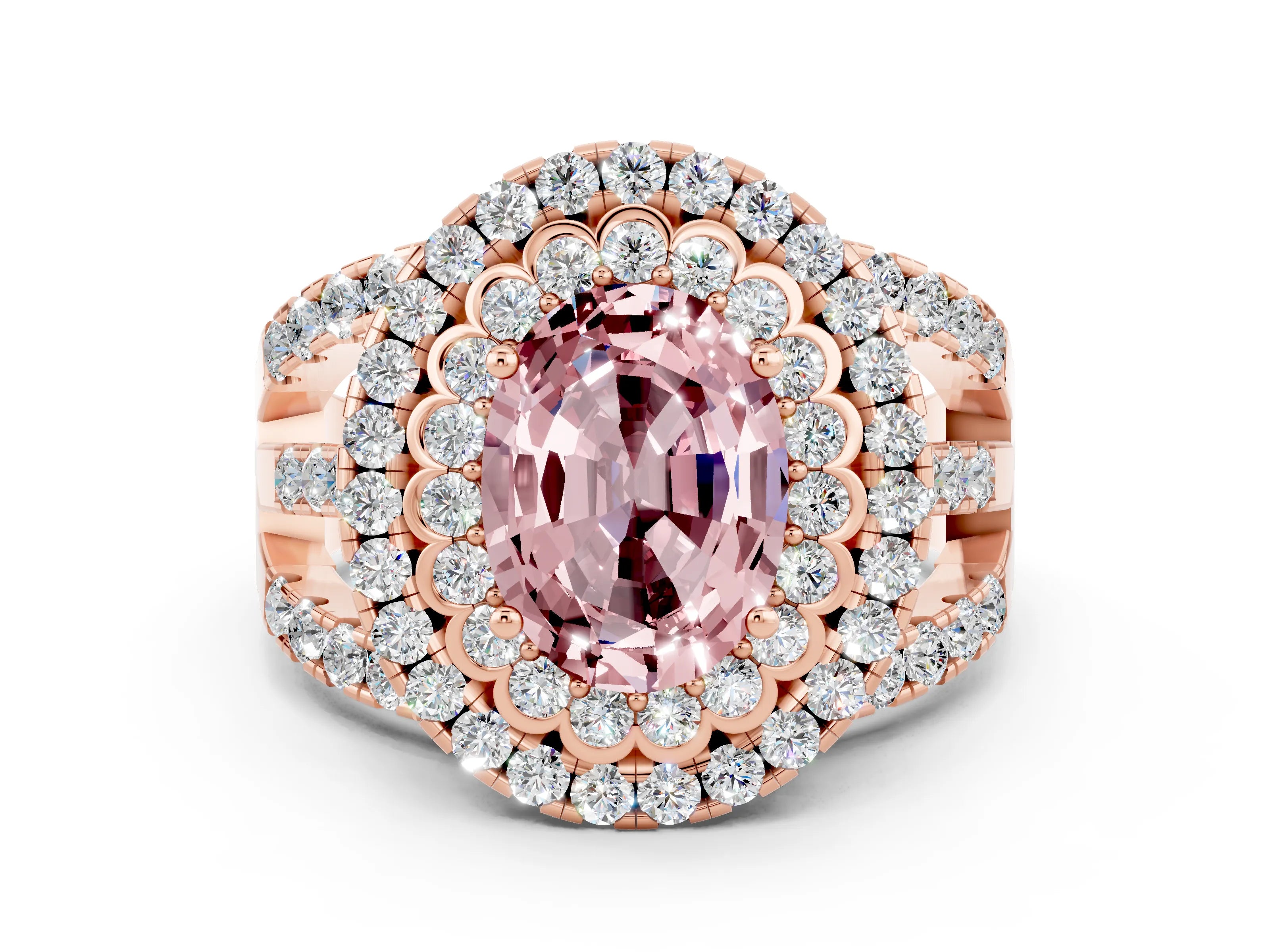 Rose gold Double Halo Oval Cut Diamond Split Shank Pave Set Ring
